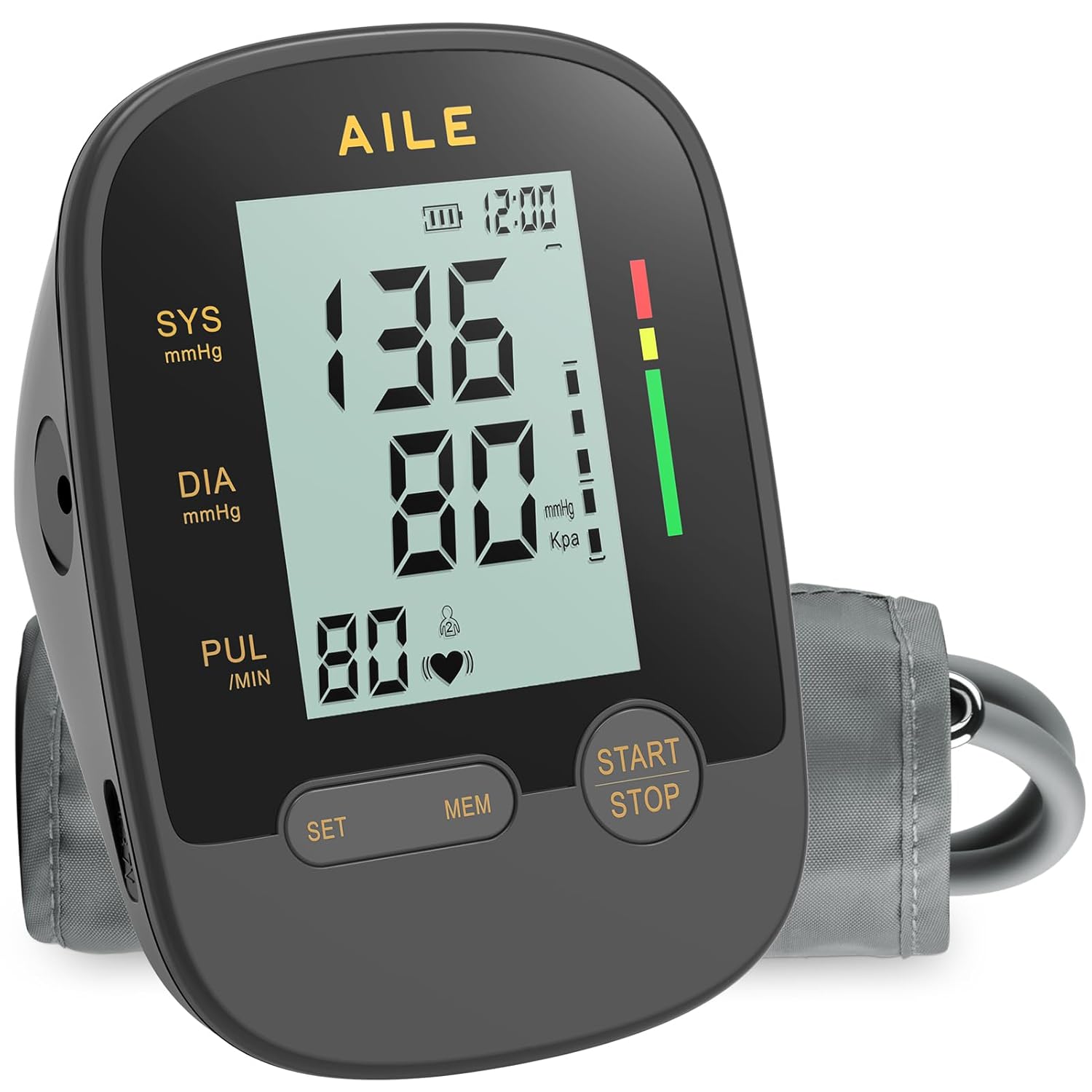AILE Upper Arm Blood Pressure Monitor with Adjustable Cuff, Large LCD Display

