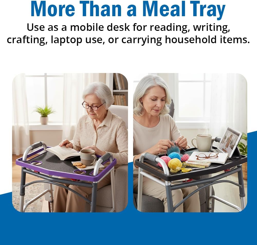 Support Plus Walker Tray Table - Mobility Walker Caddy with Non-Slip Mat & Cup Holder

