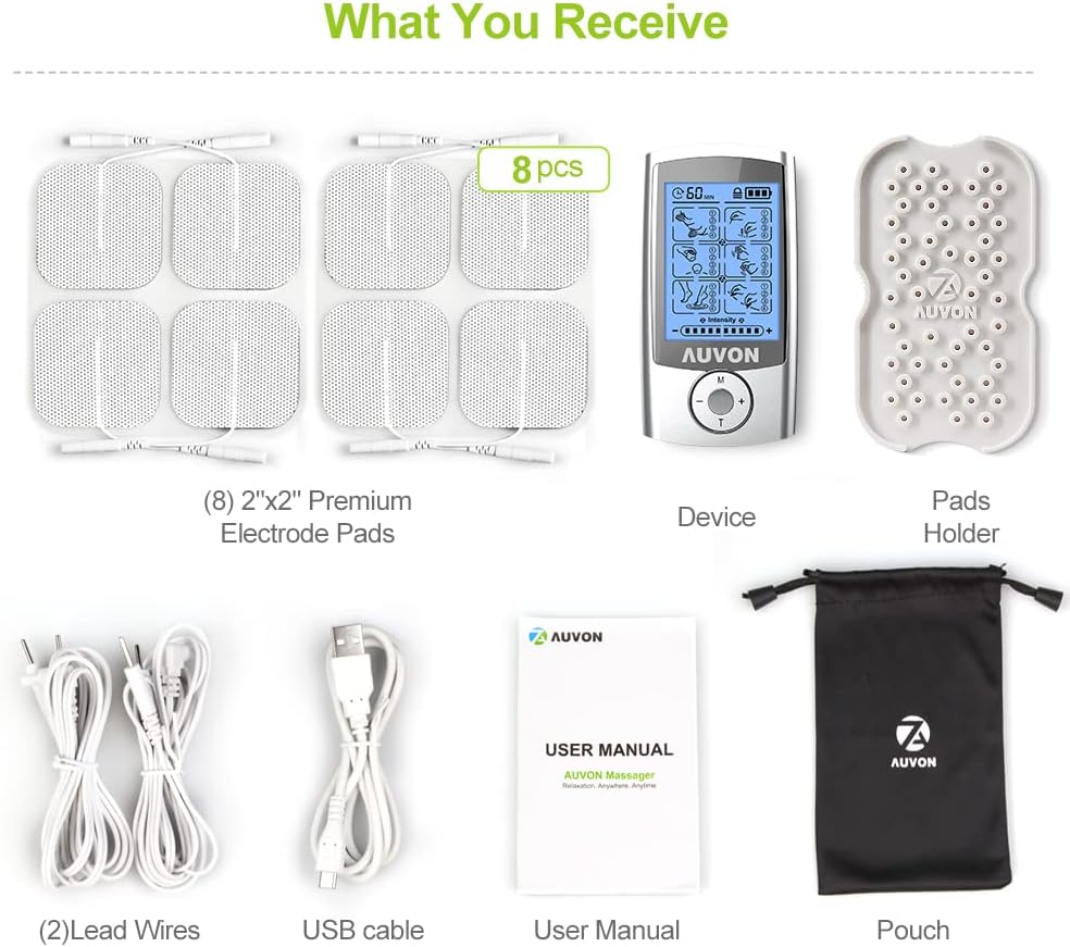 AUVON Rechargeable TENS Unit Muscle Stimulator with 24 Modes and 8 Electrode Pads

