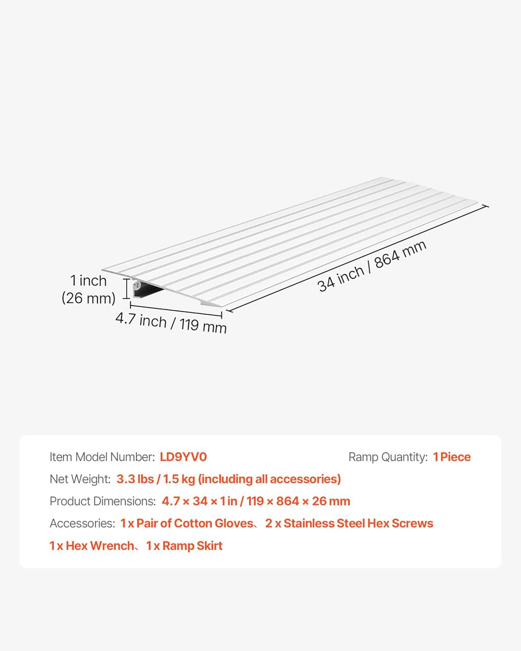 VEVOR Aluminum Door Threshold Ramp for Wheelchairs, Handicap Steps, 800 lb Load

