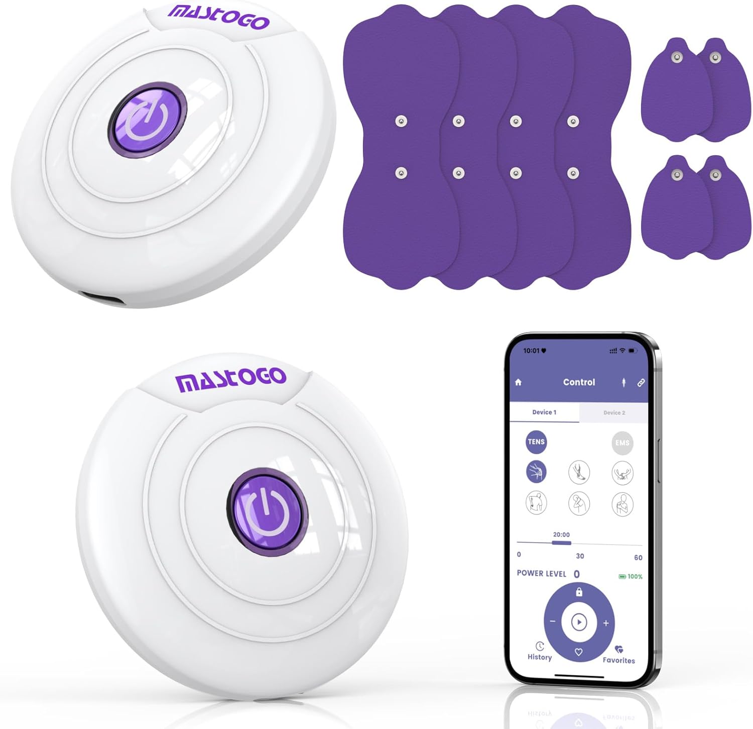MASTOGO Wireless TENS Unit with Dual Portable Muscle Stimulators, App Control

