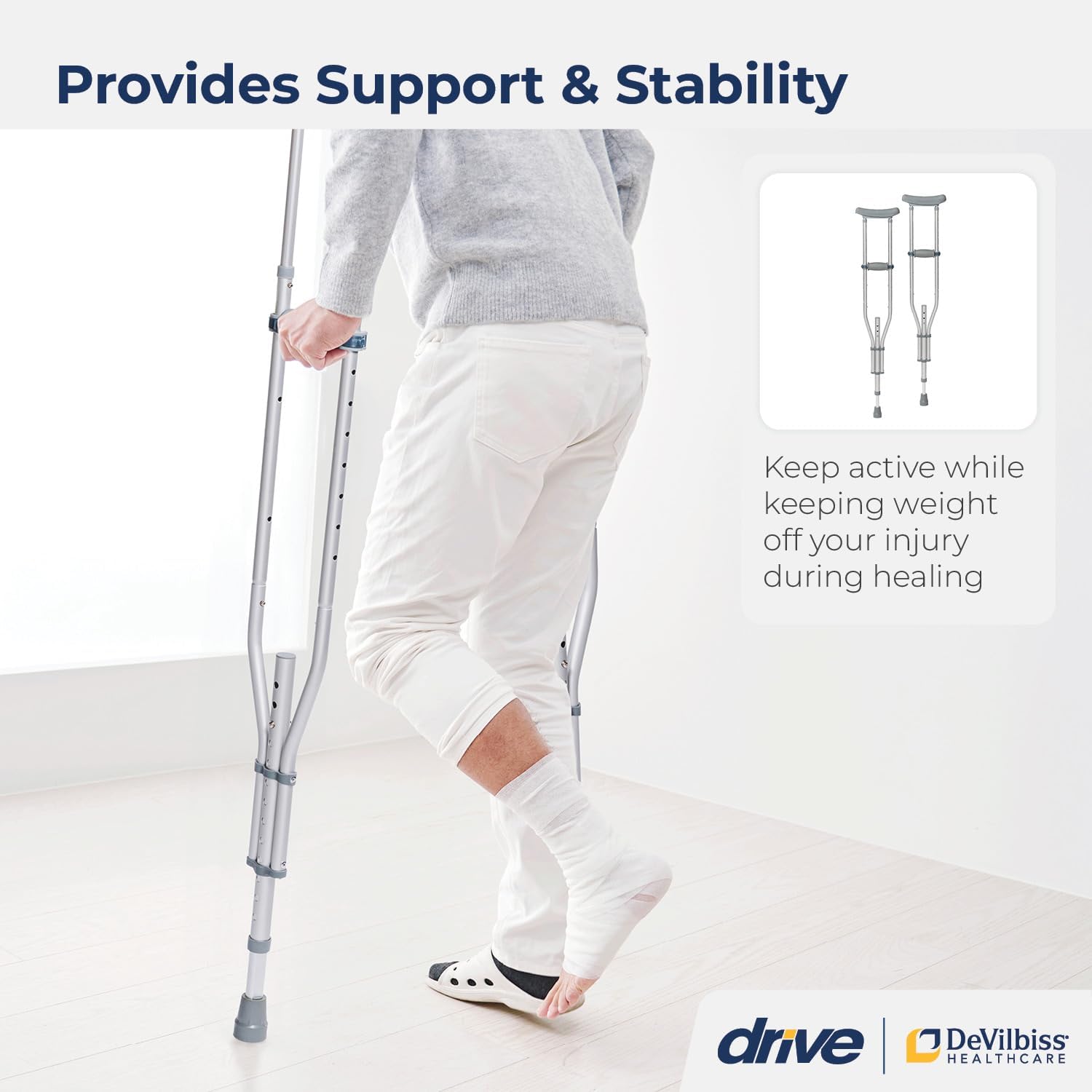 Drive Medical Aluminum Adult Crutches with Adjustable Height and Non-Skid Tips

