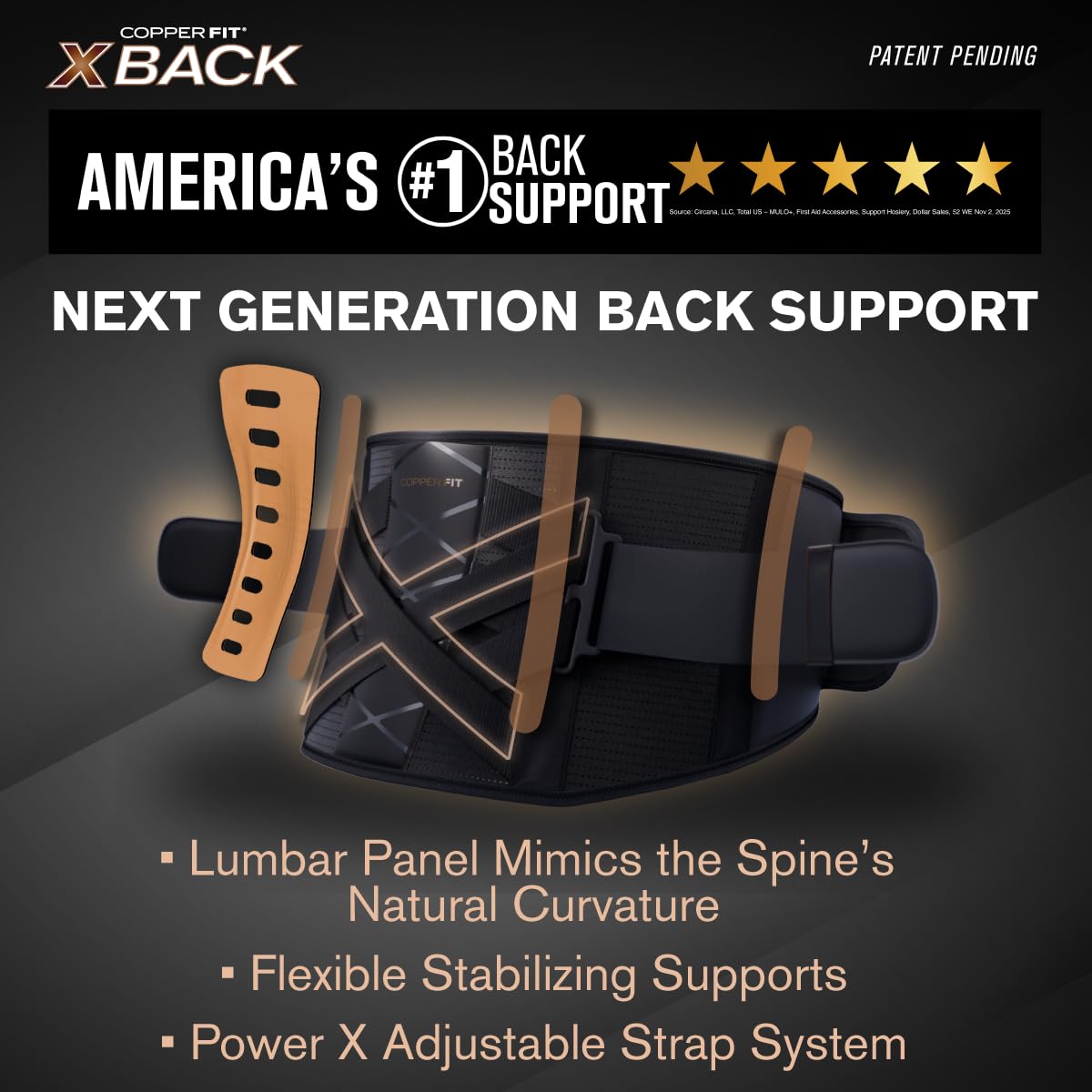 Copper Fit X-Back Adjustable Lumbar Support Brace for Lower Back Pain, Unisex

