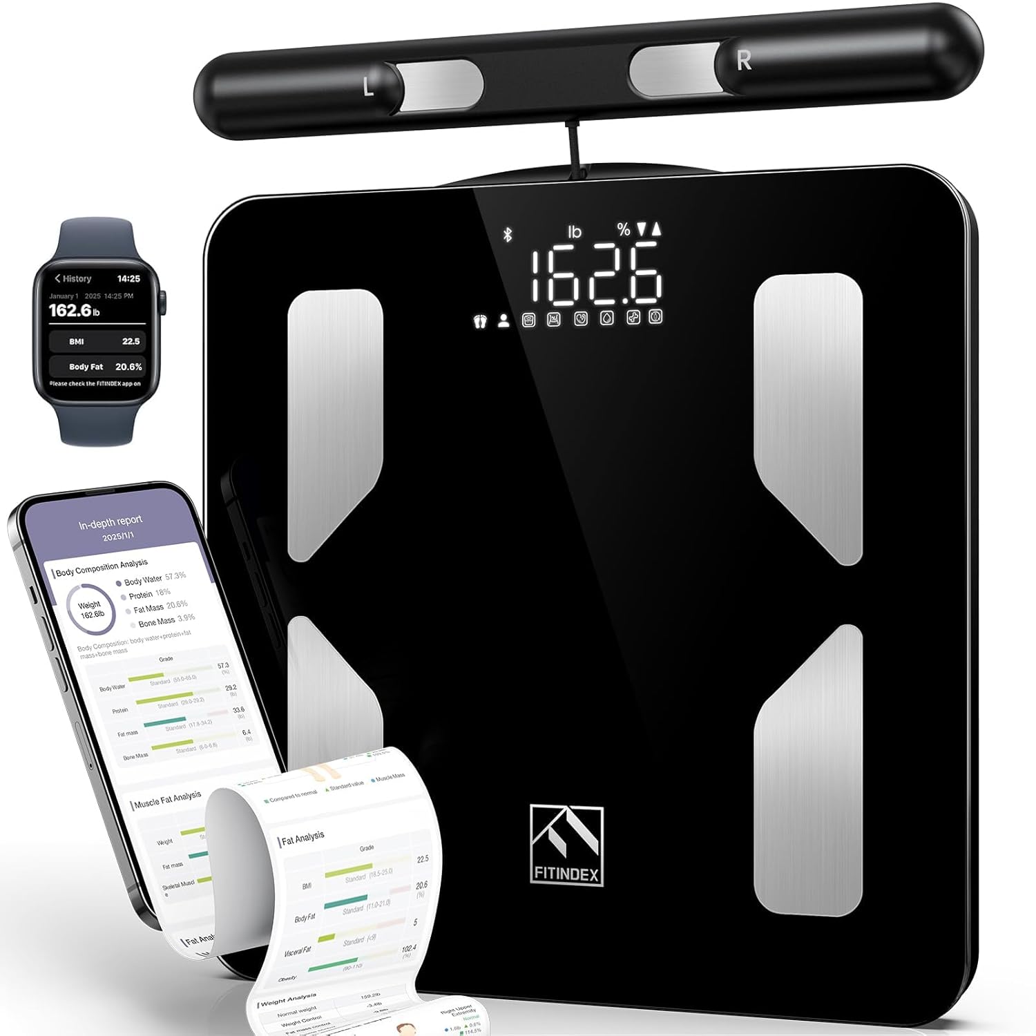 FITINDEX Smart Body Composition Scale with BMI, Body Fat, Muscle Mass, Bluetooth

