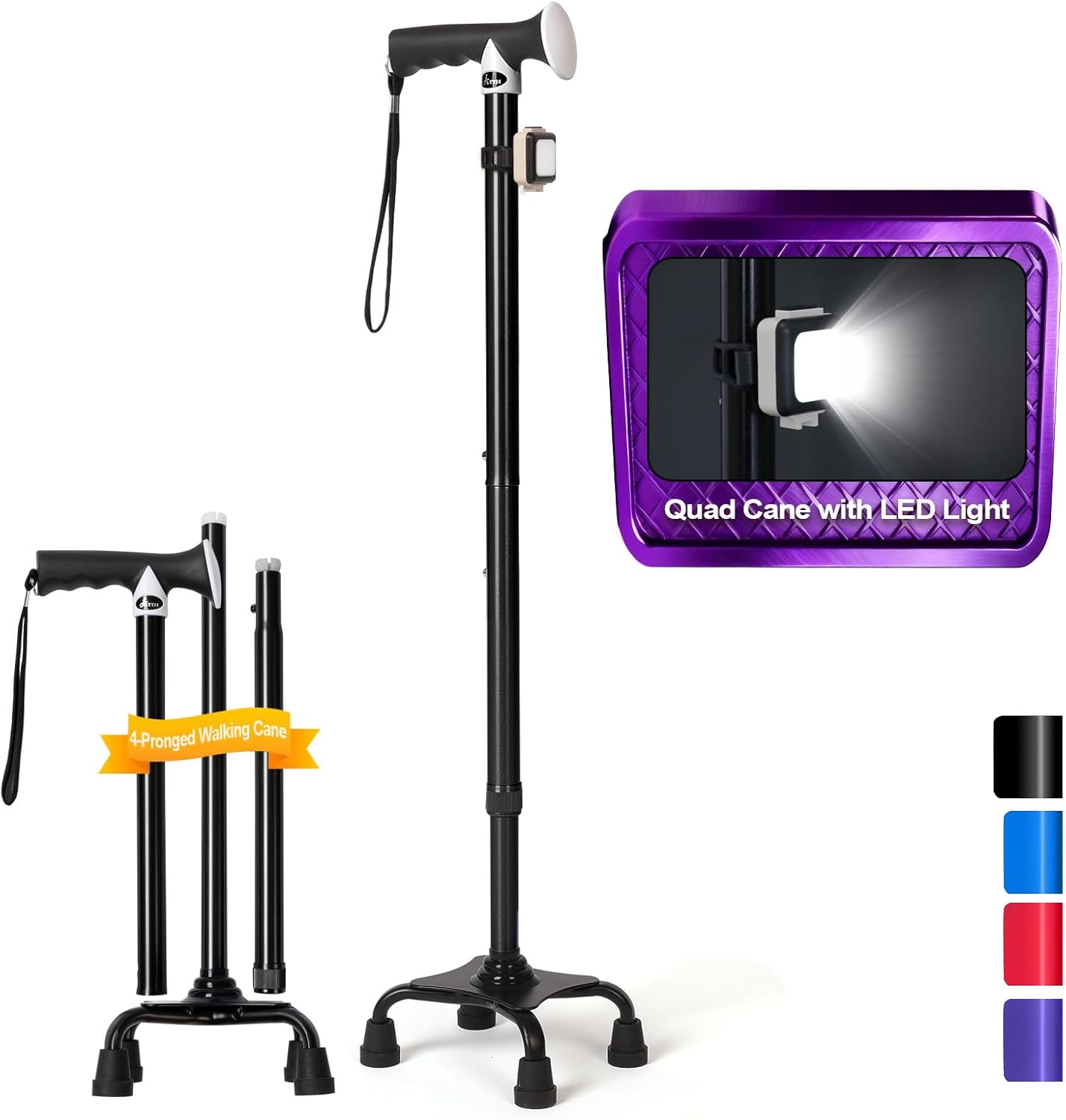 Quad Cane with LED Light, Adjustable Walking Stick, 4-Prong Base, Stable Support

