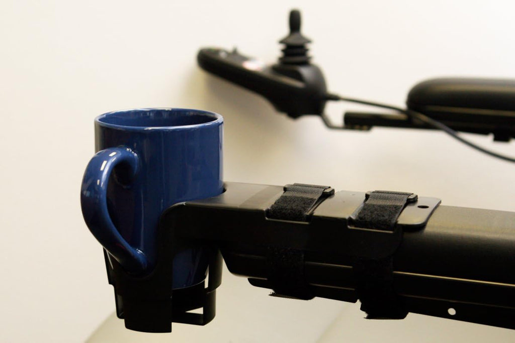 Nearly Universal Wheelchair Cup Holder for Electric Wheelchairs and Mobility Scooters

