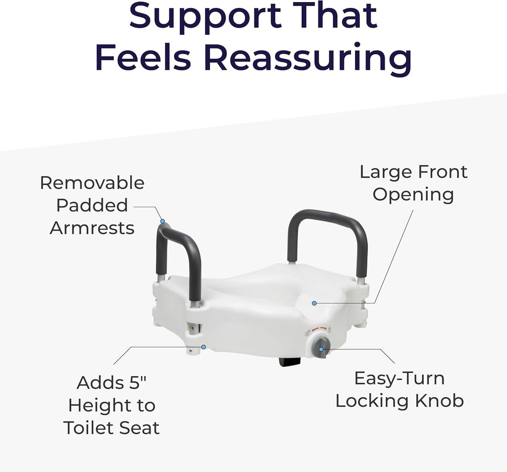 Drive Medical 2-in-1 Raised Toilet Seat with Removable Padded Arms, 5in Lift, Locking

