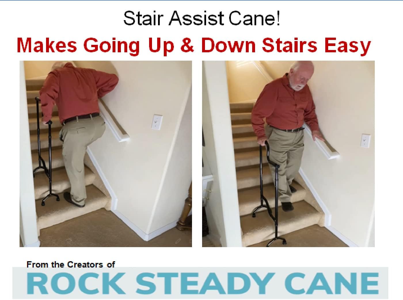 Rock Steady Stair Assist Cane, Lightweight Stair Climbing Aid with Non-Slip Grip


