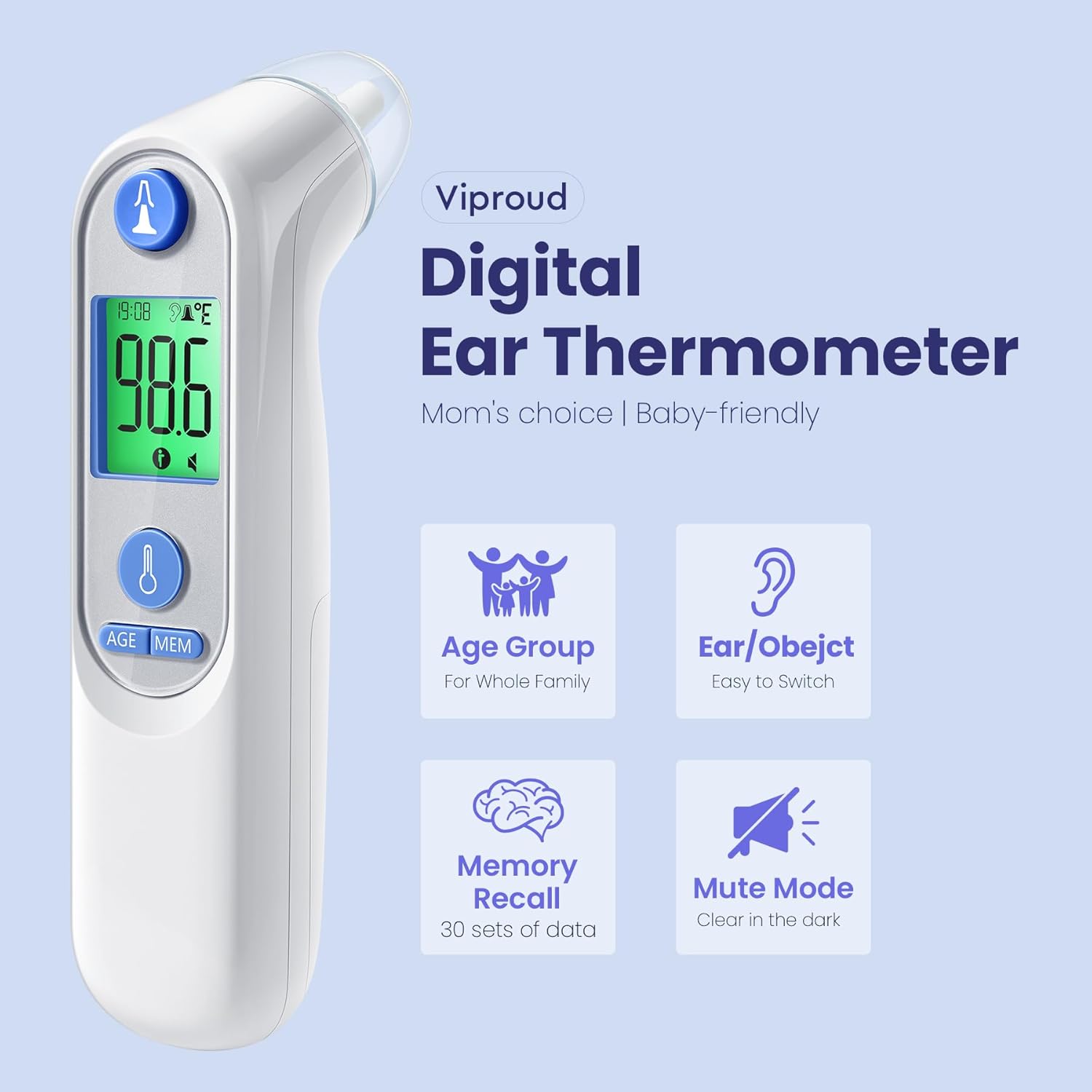 Viproud Digital Ear Thermometer for Kids and Adults, Fast Reading, 30 Memory


