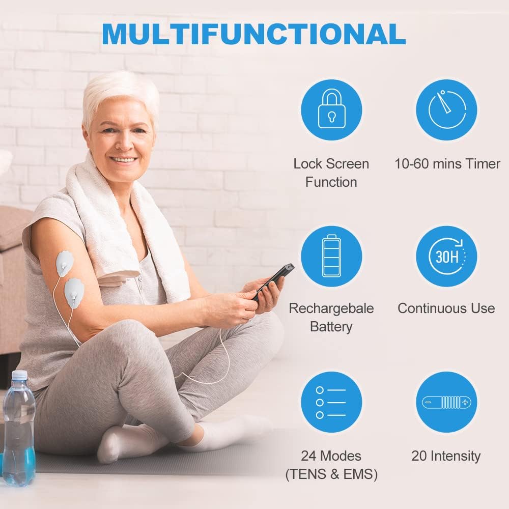 NURSAL Dual Channel TENS EMS Muscle Stimulator 24 Modes Rechargeable with 14 Pads

