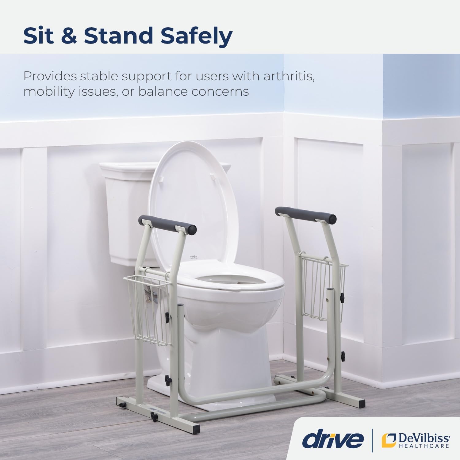 Drive Medical RTL12079 Toilet Safety Frame Grab Bar, Freestanding Rail, White

