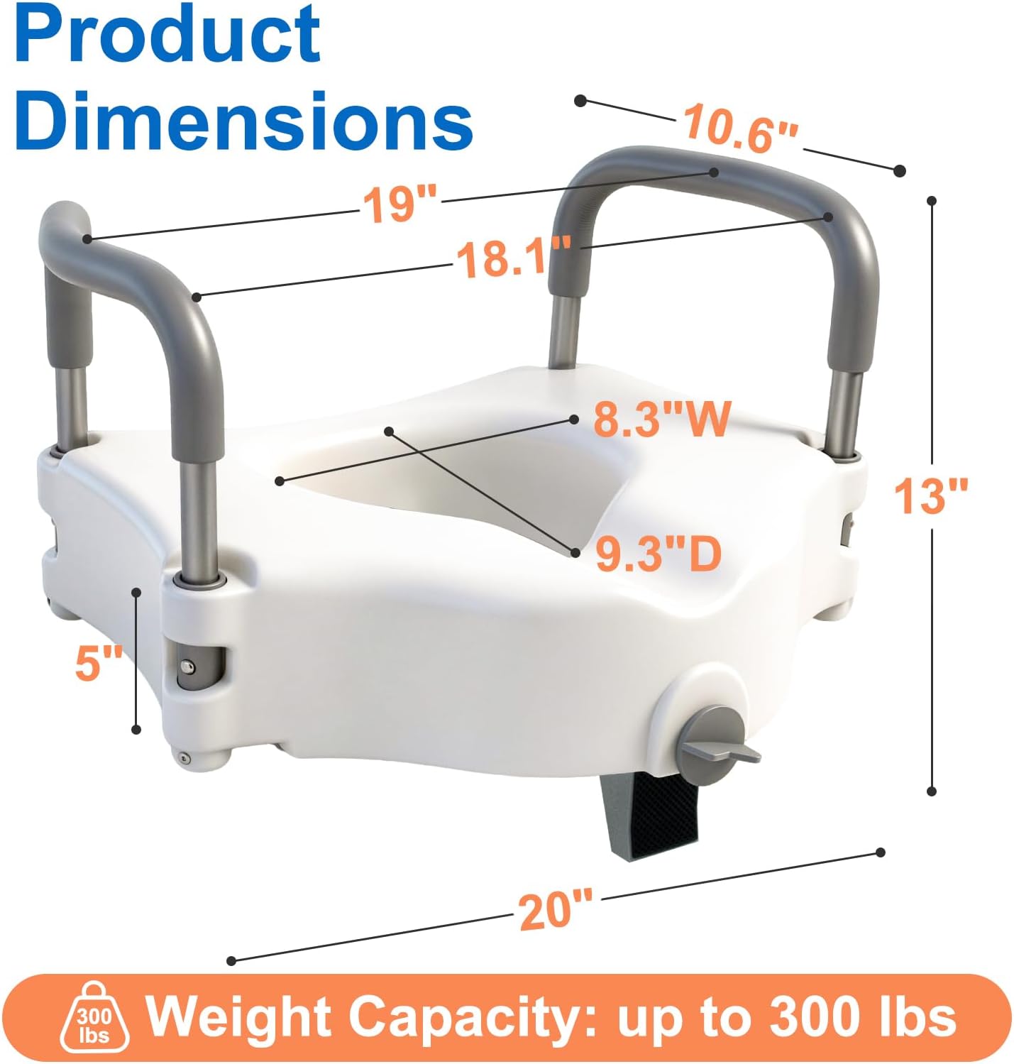 Raised Toilet Seat Riser with Removable Padded Handles, 5-Inch Lift

