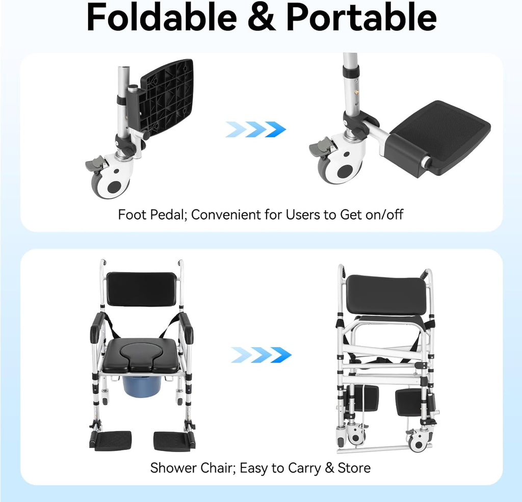 Shower Chair with Wheels and Arms, Adjustable Height Folding Commode Chair

