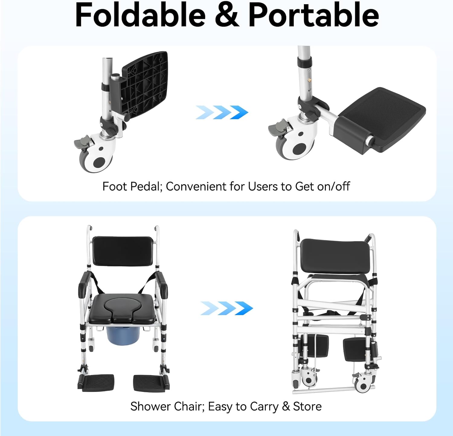Shower Chair with Wheels and Arms, Adjustable Height Folding Commode Chair

