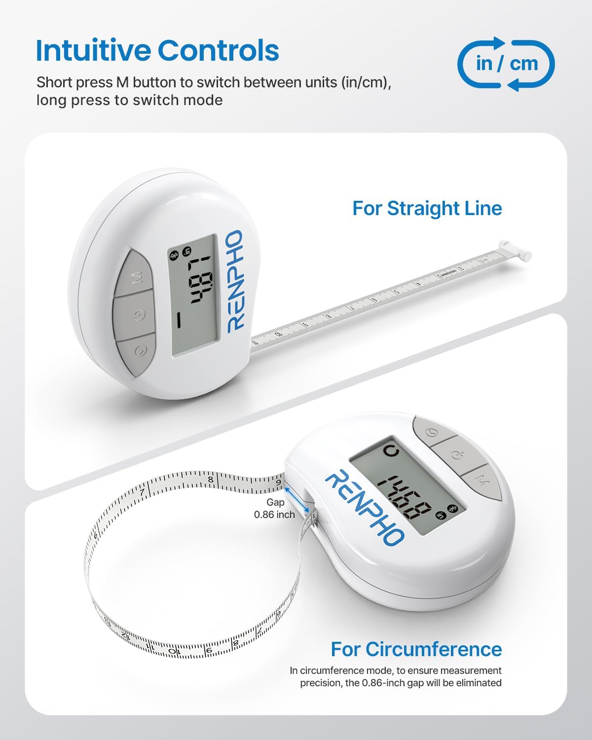 RENPHO Smart Body Measuring Tape with Bluetooth App, Retractable LCD

