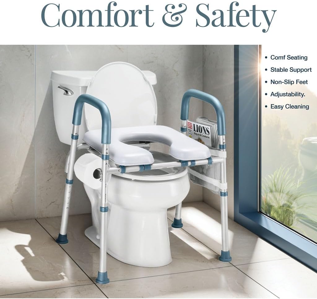 Adjustable Toilet Seat Riser with Handles for Seniors, Elderly, Handicap

