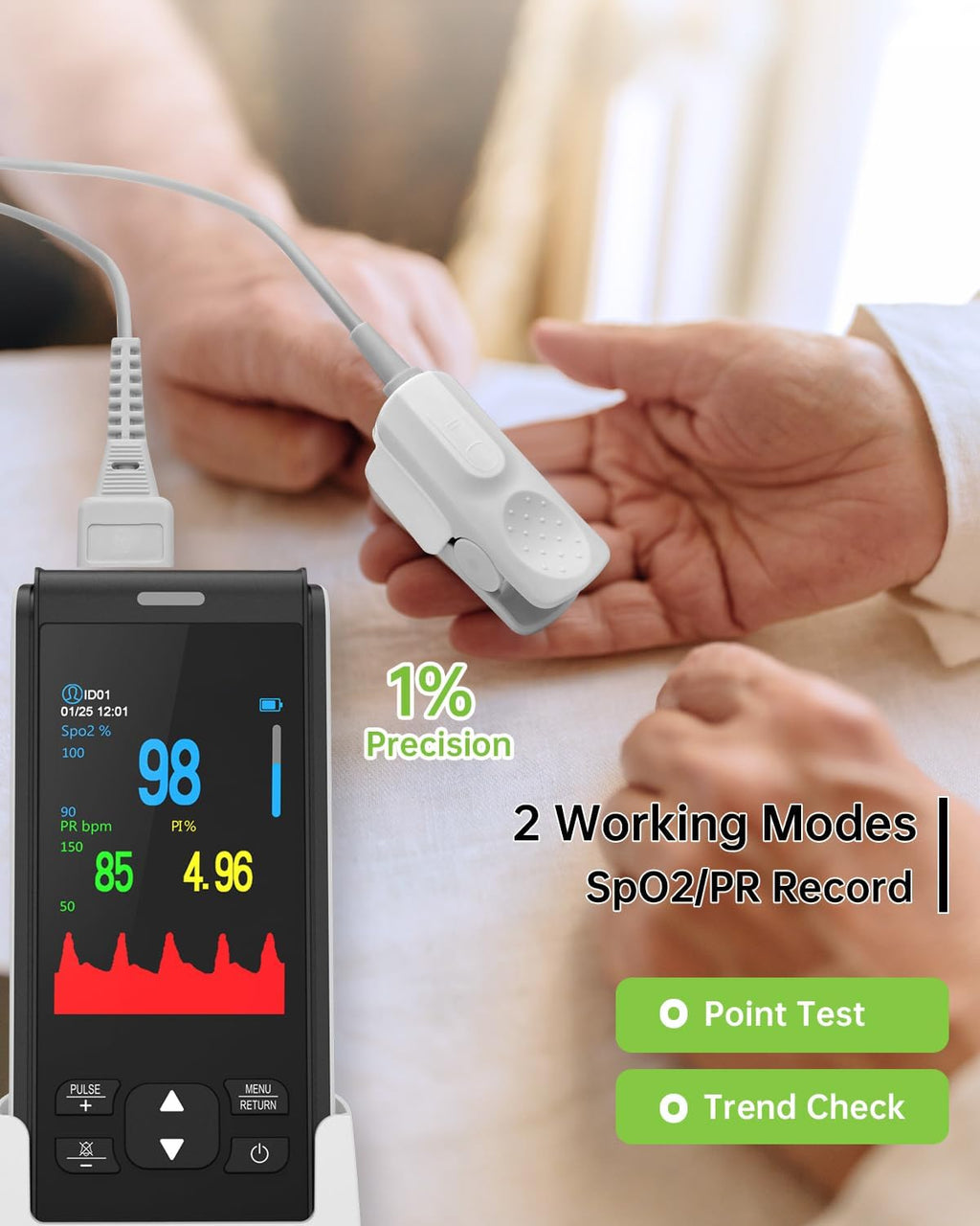 Rechargeable Handheld Finger Pulse Oximeter, SpO2 Oxygen Saturation Monitor

