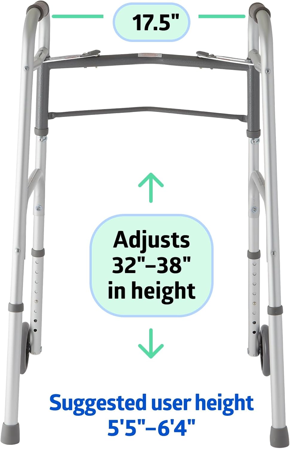Medline Lightweight Two-Button Folding Walker with 5" Wheels, Aluminum Frame, 300 lb

