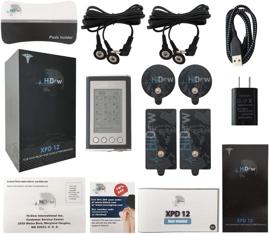 HiDow Dual Channel TENS EMS Unit Muscle Stimulator 12 Modes Electronic Pulse Massager

