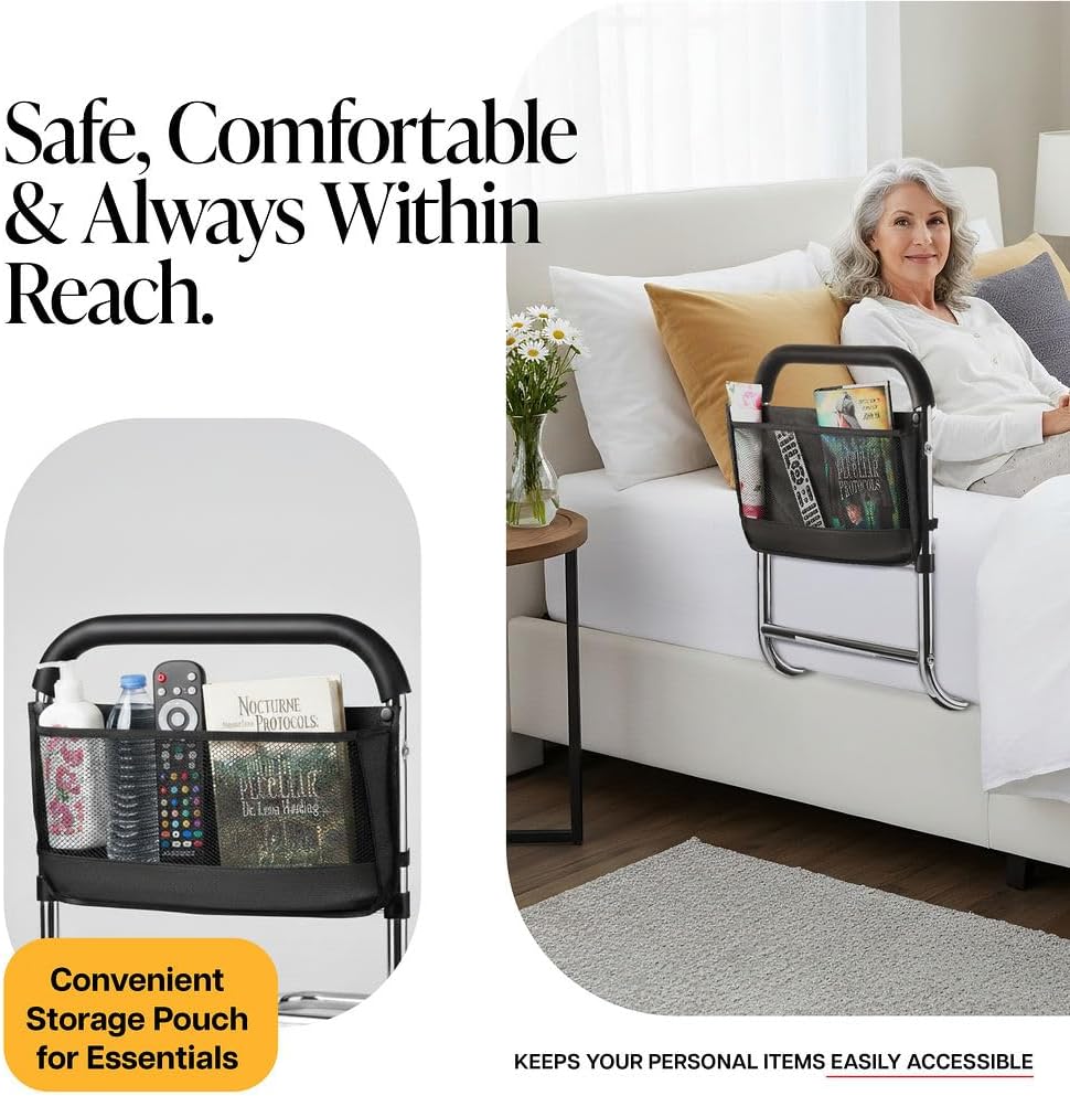 Medical Bed Assist Rail for Seniors with Storage Pocket, Floor Support, ASTM Approved

