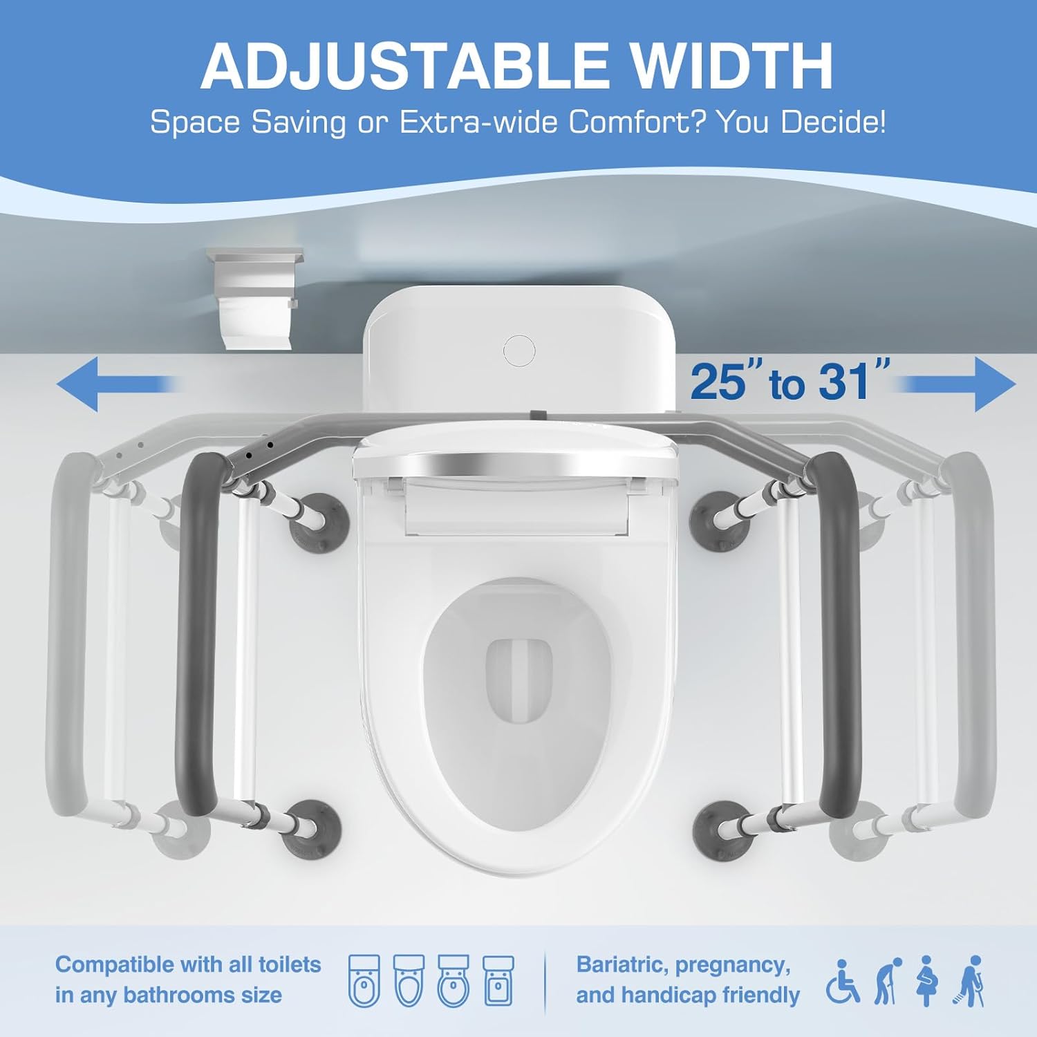 TABEKE Toilet Safety Rails for Seniors Adjustable Height Width Foldable Handles


