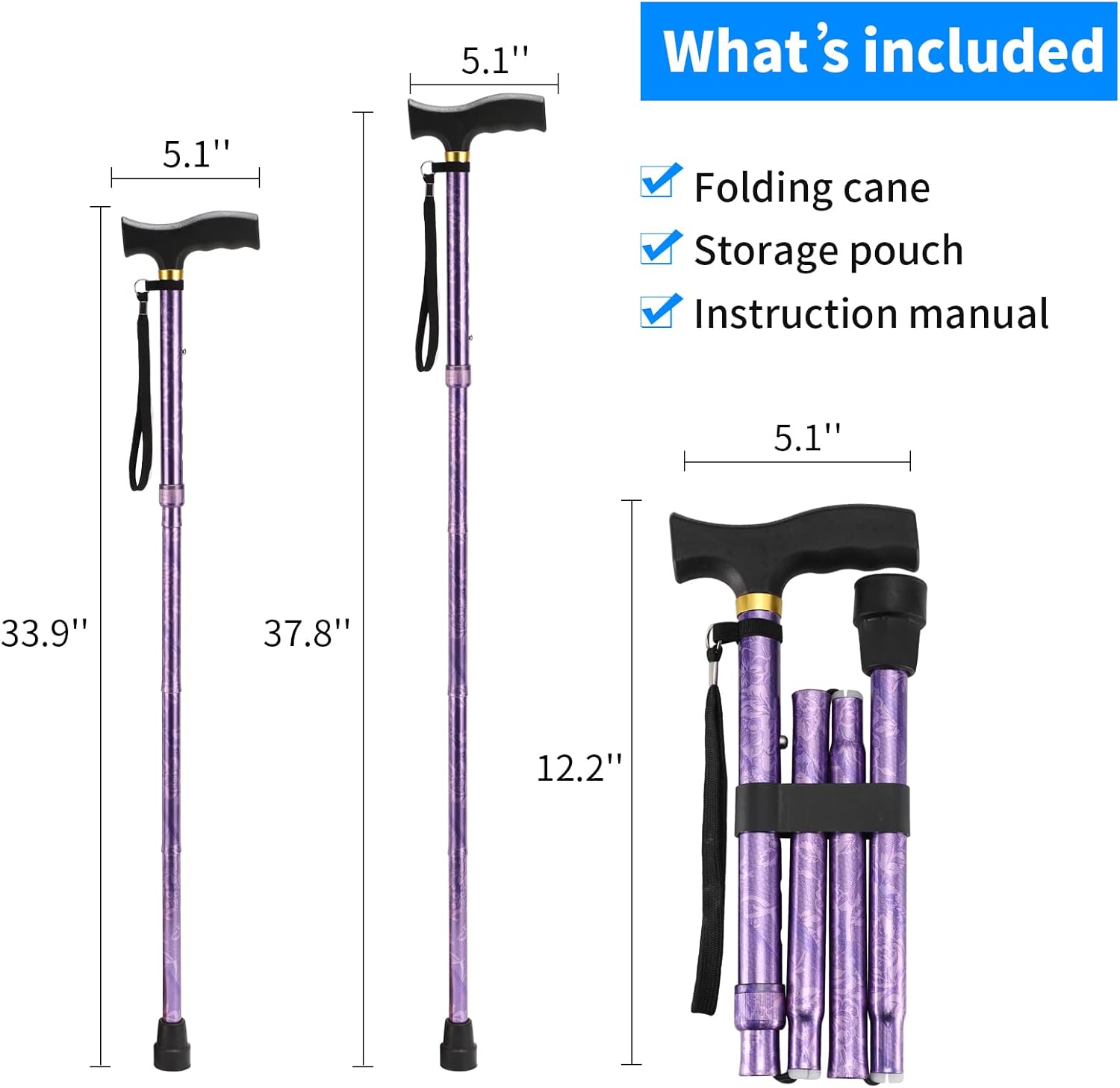LIXIANG Folding Walking Cane, 5-Level Height Adjustable T-Handle Mobility Stick

