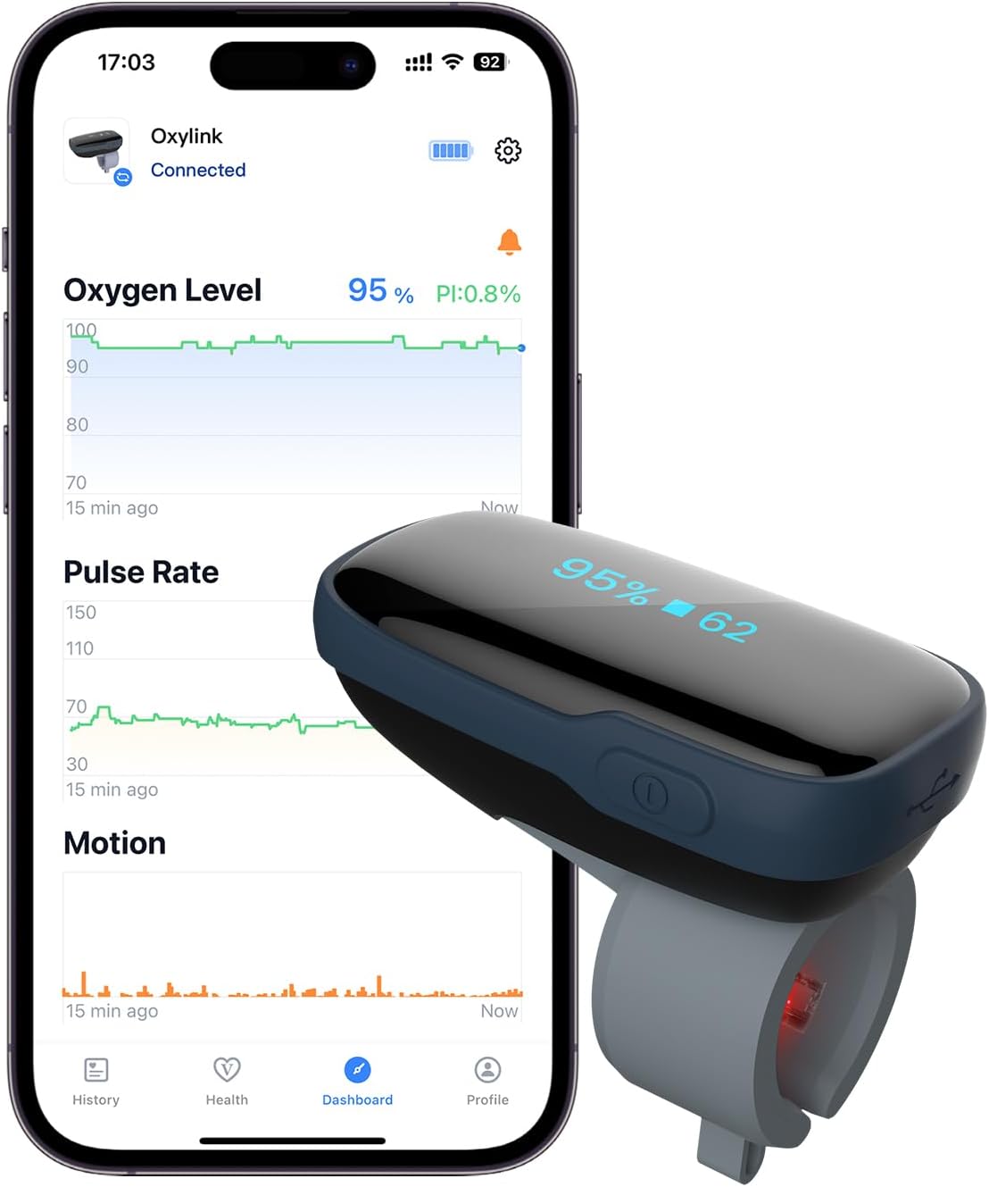 Vibeat Oxylink Bluetooth Blood Oxygen Monitor Finger Pulse Oximeter with Audio Alerts

