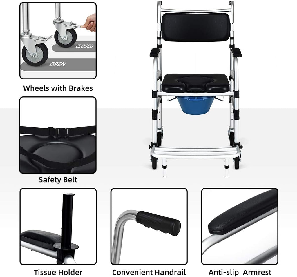Goplus 4-in-1 Shower Commode Wheelchair with Arms, Rolling Toilet Chair

