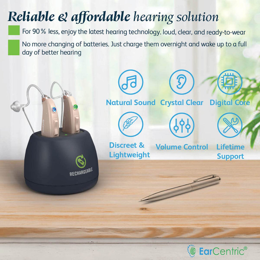 EarCentric EasyCharge Rechargeable Hearing Aids Pair, Behind-the-Ear BTE Digital

