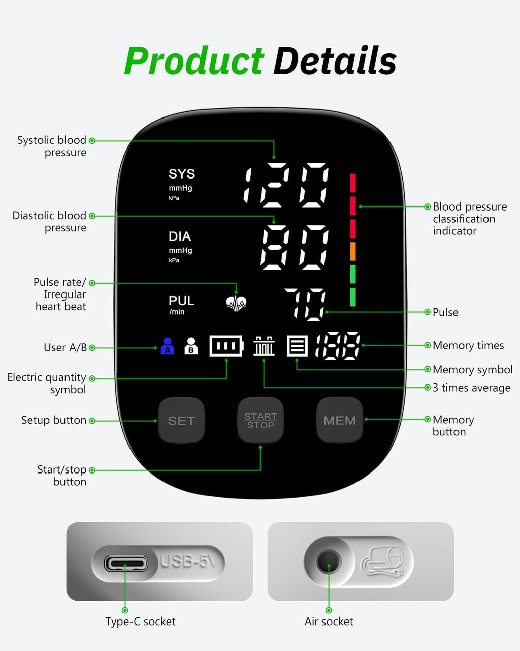 HealthTree Upper Arm Blood Pressure Monitor with Large Display, Dual Power

