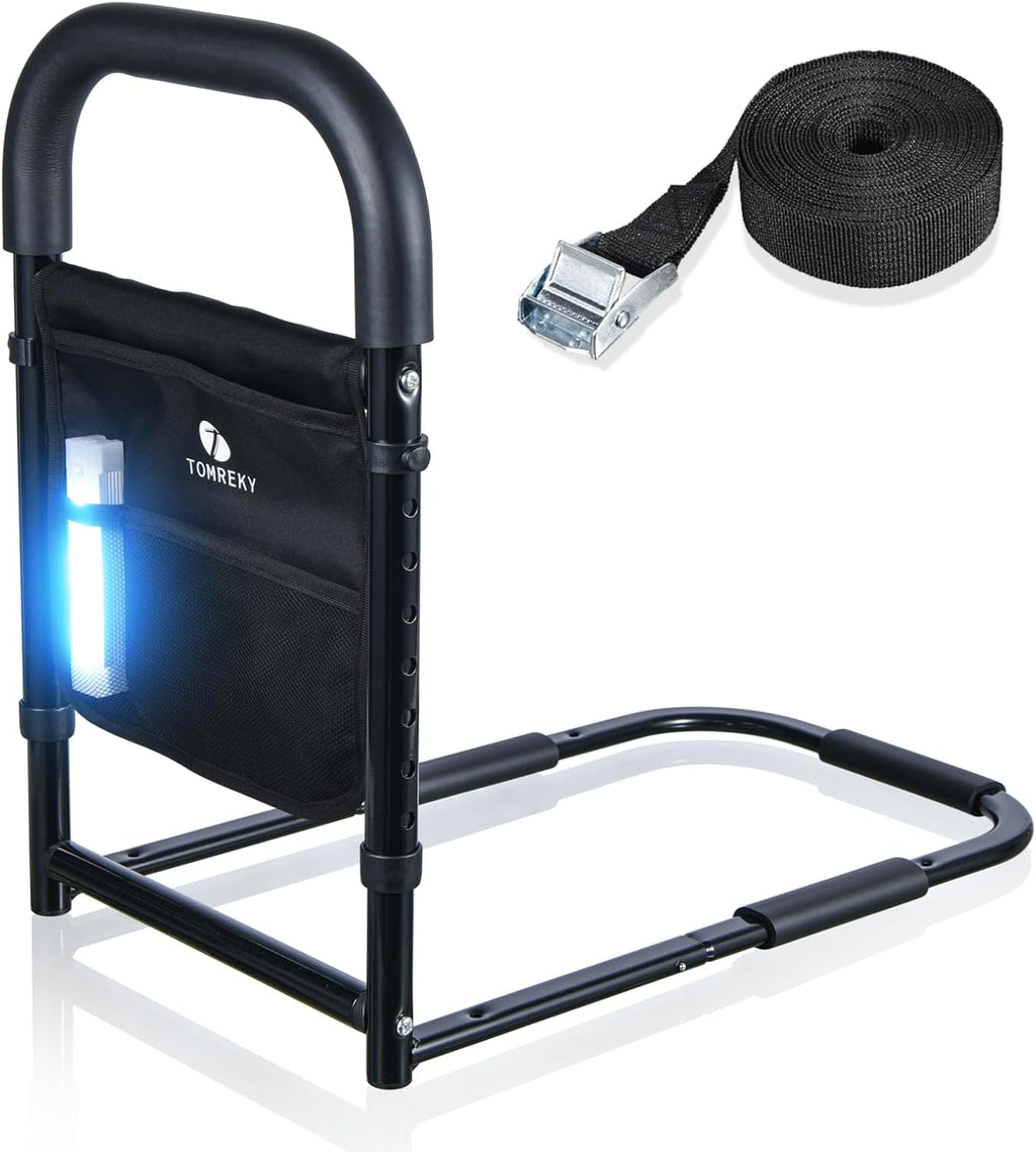 Adjustable Bed Rail for Seniors with Motion Light, Padded Grab, Storage Pockets

