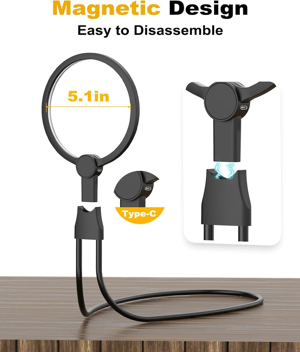 Hands-Free Neck Magnifying Glass with Light, 24 LED Rechargeable 5.12-In Lens

