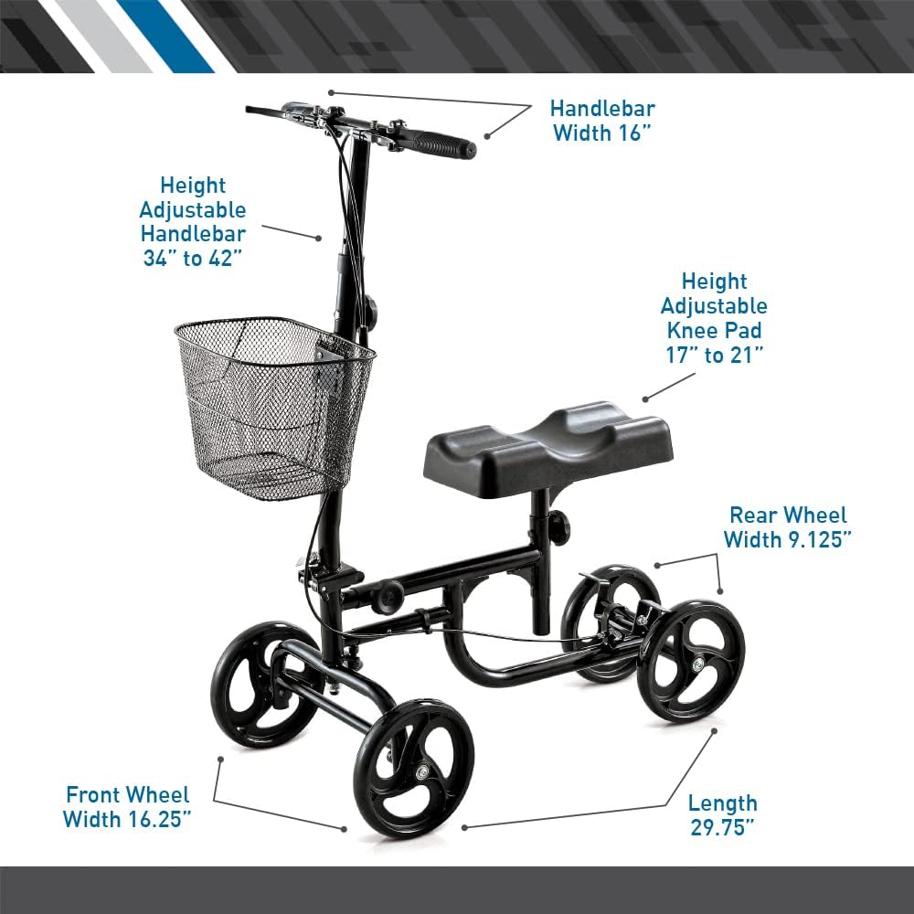 BodyMed Knee Walker Adjustable Steerable Scooter with Dual Brakes and Detachable Basket

