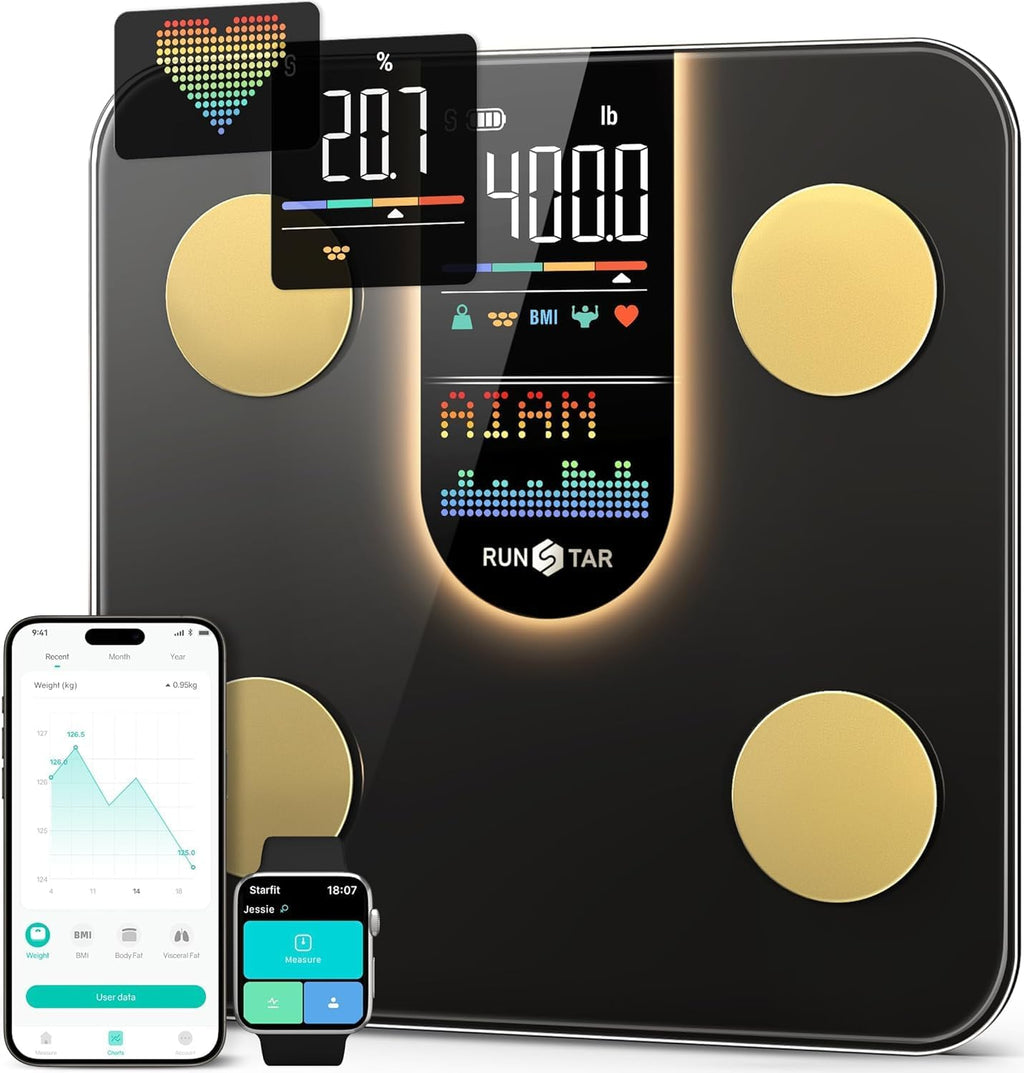 Runstar Smart Bathroom Scale, 8-in-1 VA Display for BMI Body Fat Heart Rate

