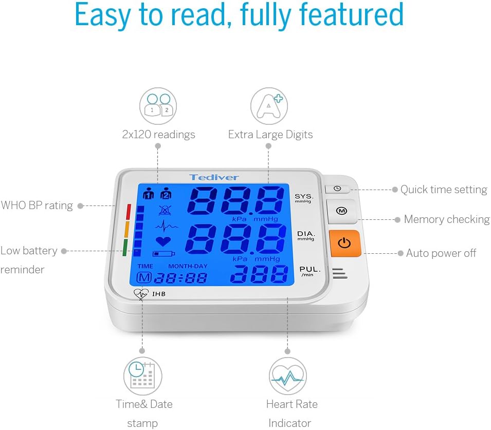 Digital Upper Arm Blood Pressure Monitor, Backlit LCD, Electric Power Charger

