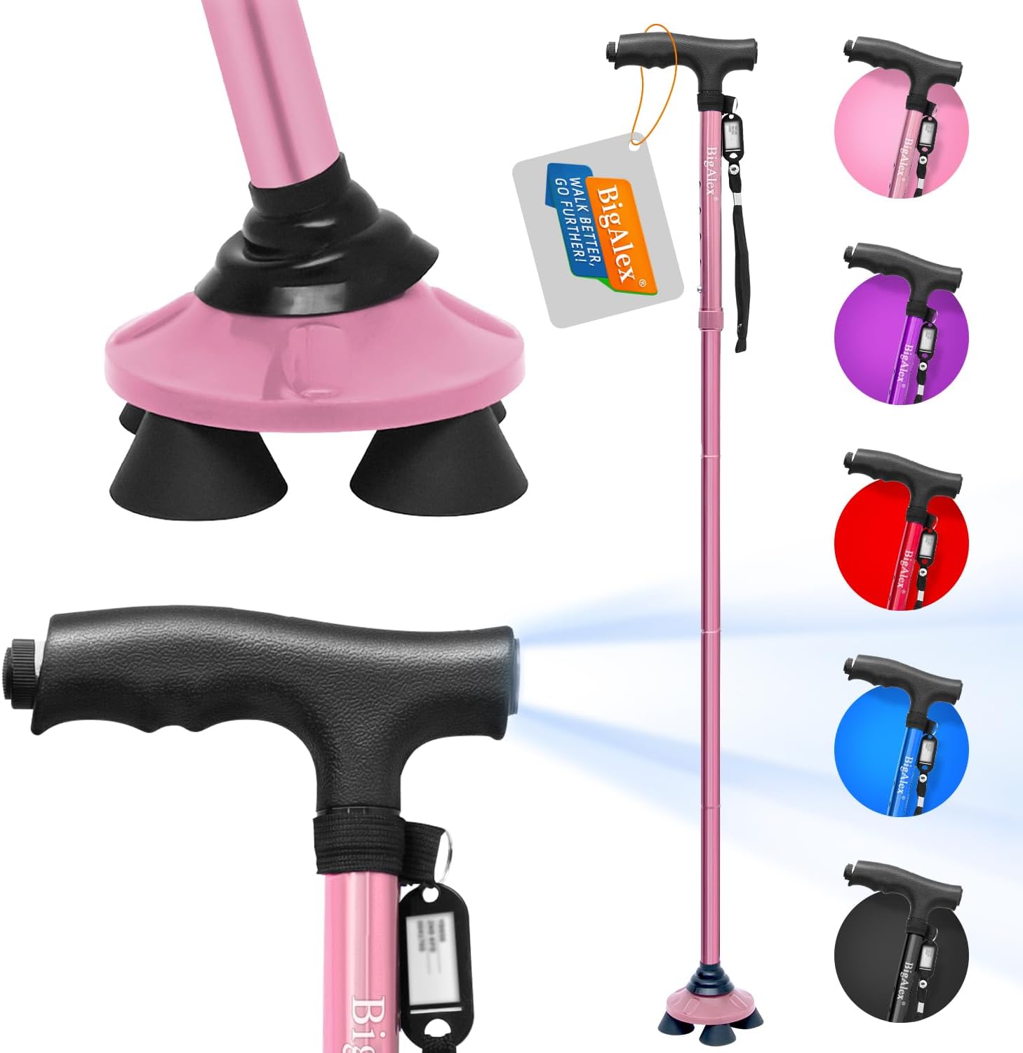 BigAlex Folding Walking Cane with LED Light, Pivoting Quad Base, Adjustable Handle Bag


