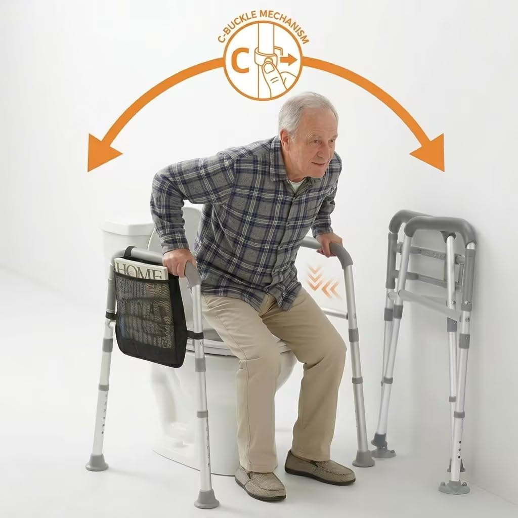 TABEKE Toilet Safety Rails for Seniors Adjustable Height Width Foldable Handles

