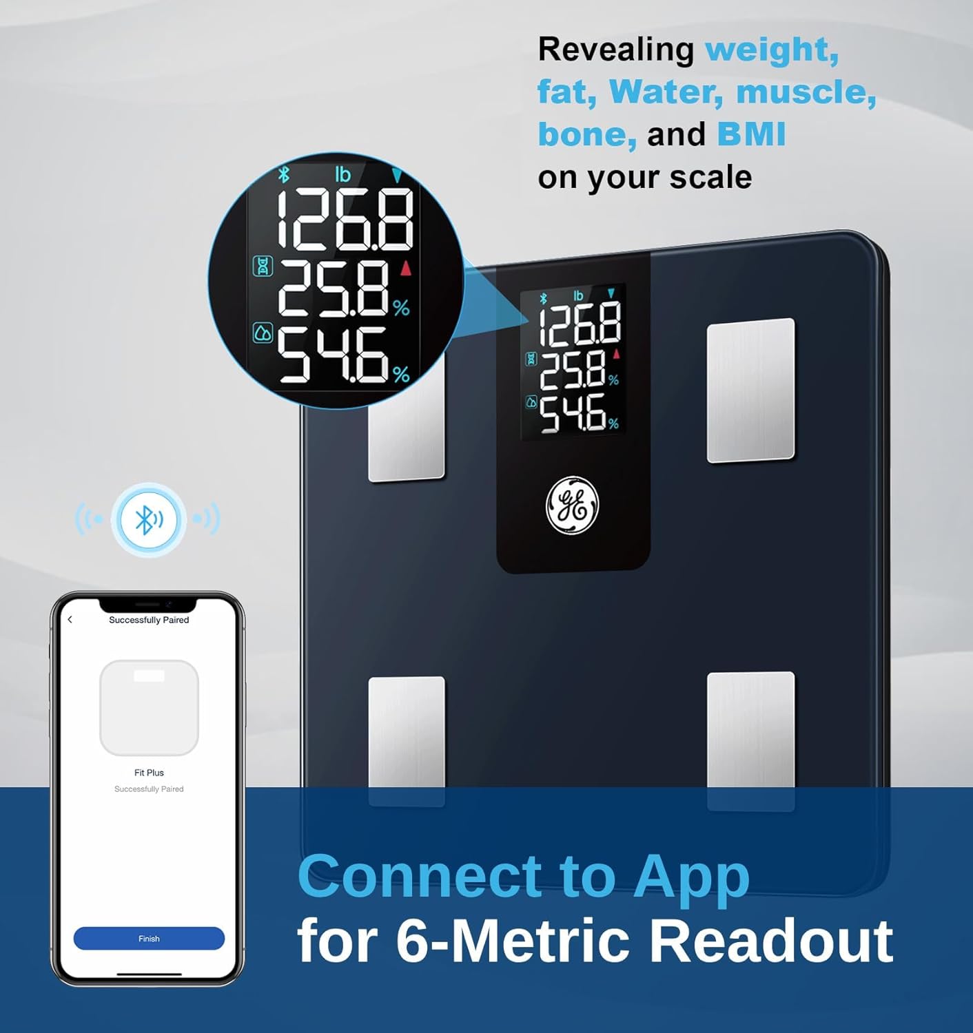 GE Smart Body Fat Scale with Bluetooth App, 14 Metrics, LCD, 400 lb Capacity

