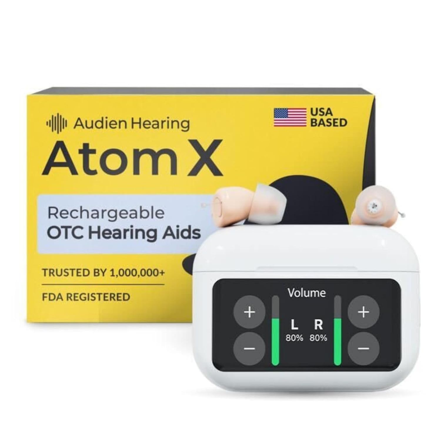 Audien Atom X OTC Rechargeable Bluetooth Hearing Aids with Touchscreen Charging Case

