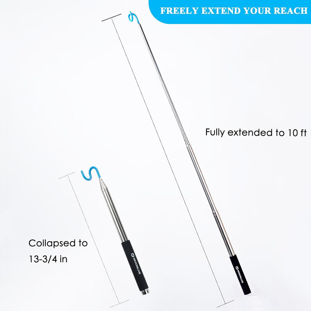 Telescoping Magnetic Pickup Tool with Hook, 10 ft Grabber Pole Reacher

