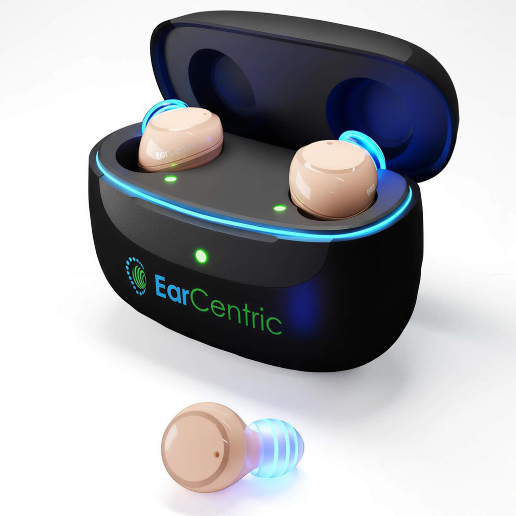 EarCentric OTC Rechargeable CIC Hearing Amplifier for Adults with Portable Charging Case

