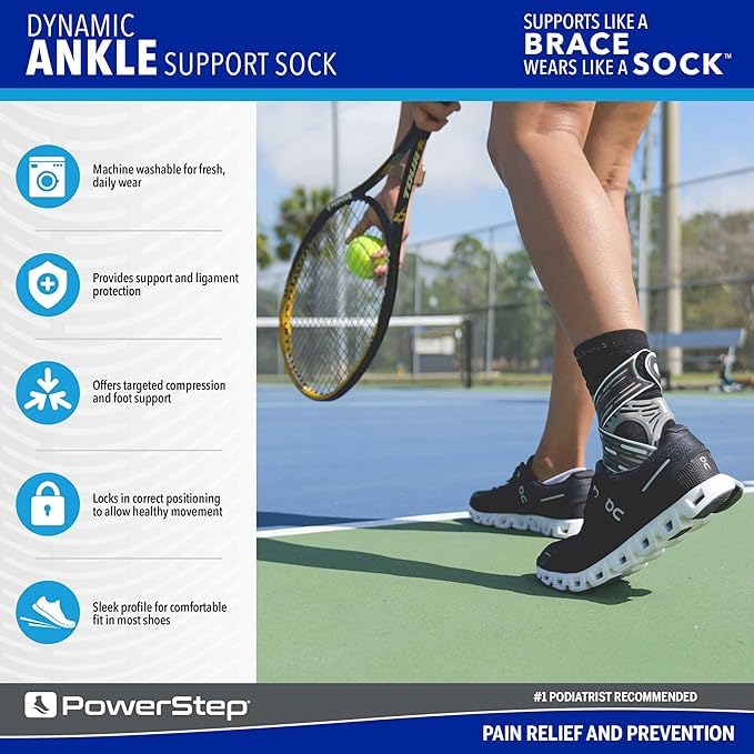 PowerStep Dynamic Ankle Support Sock with Compression and Ankle Brace, Unisex

