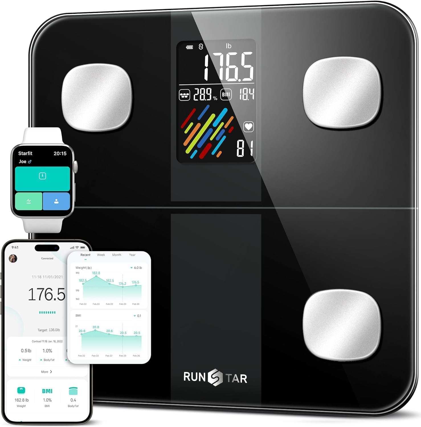 RunStar Smart Scale Digital Bathroom Scale for Body Fat, BMI & Heart Rate

