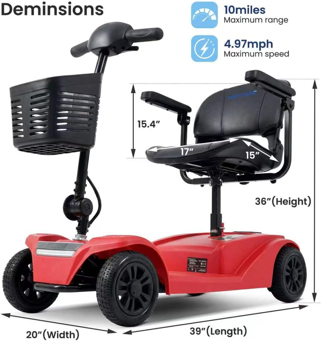 WayCare 15-Mile Long Range Electric Mobility Scooter, 300 lb Capacity, Foldable

