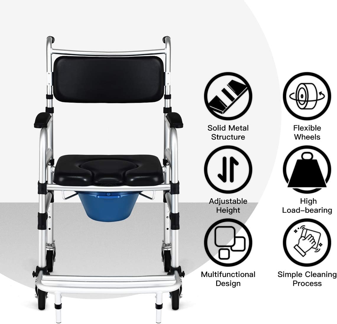 Goplus 4-in-1 Shower Commode Wheelchair with Arms, Rolling Toilet Chair

