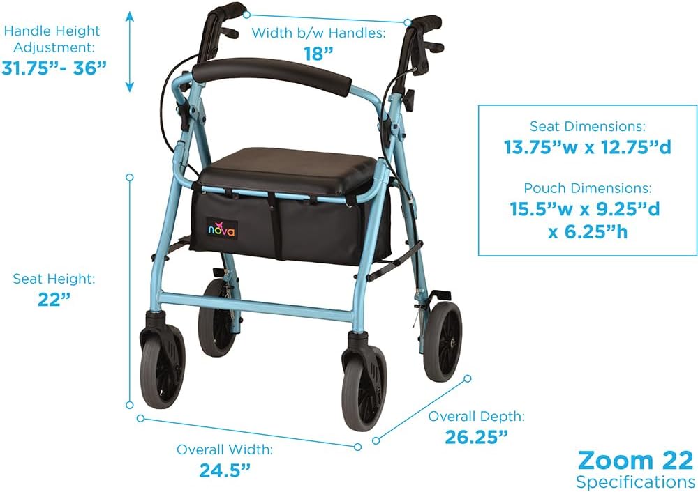 NOVA Zoom Rollator Walker with Padded Seat, Folding Lock, Locking Hand Brakes

