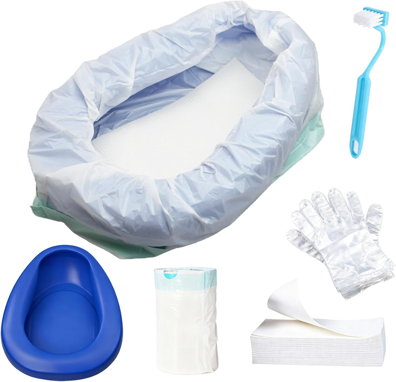 Bed Pan with Disposable Liners, Absorbent Pads, Gloves & Cleaning Brush


