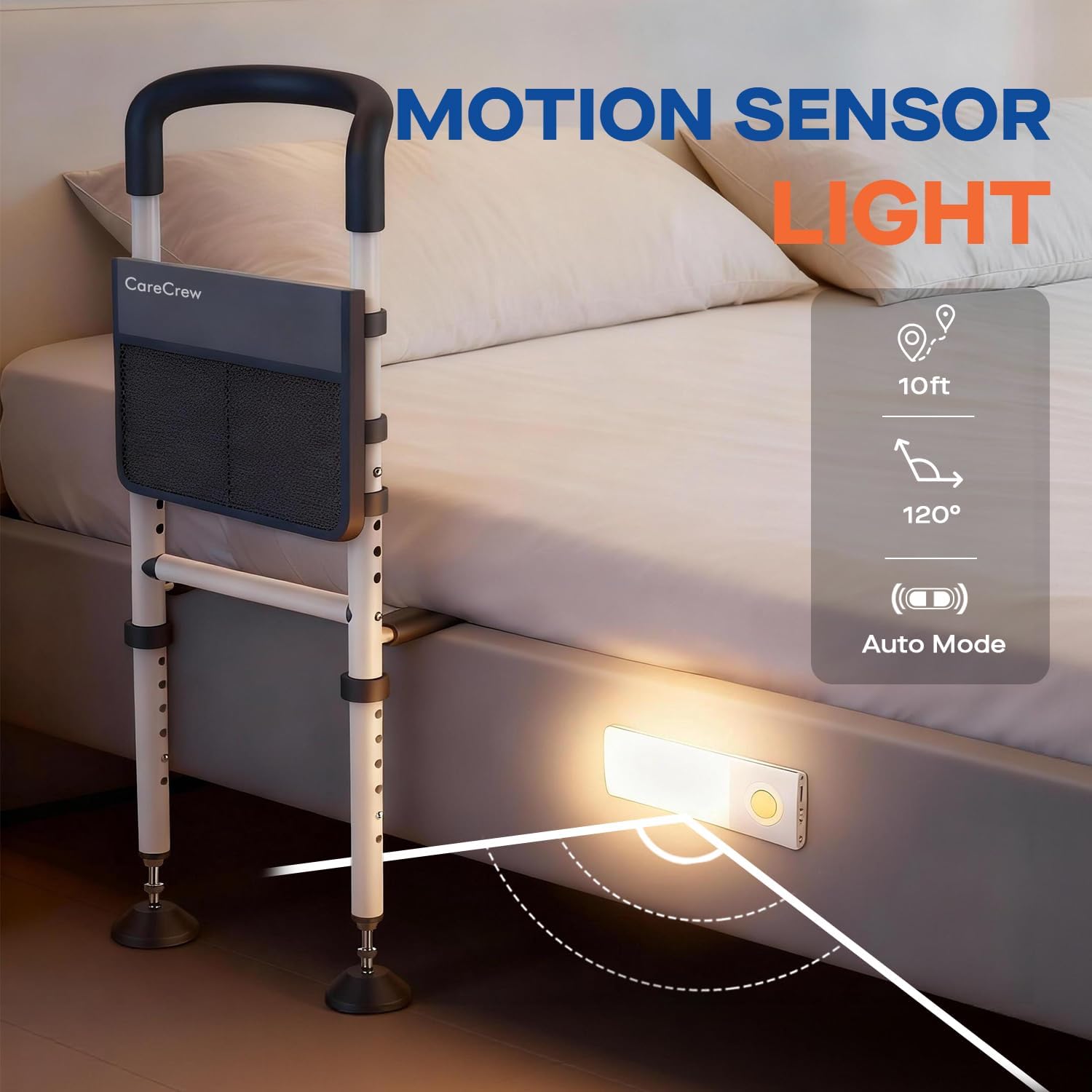 Bed Rails for Seniors with Grab Bar, Safety Light, Storage Pouch, Adjustable

