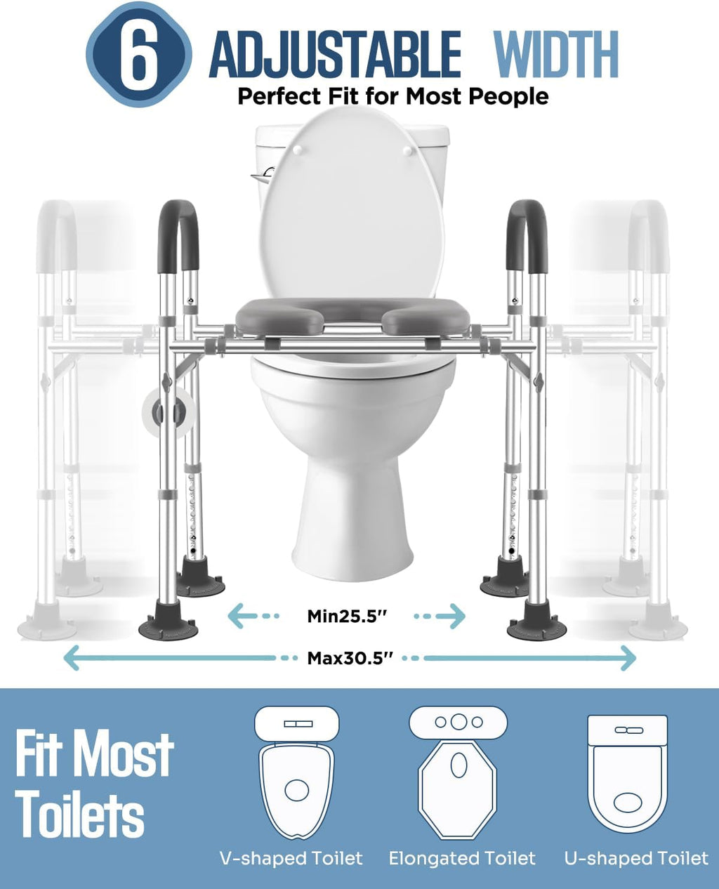 Extra Wide Raised Toilet Seat with Handles, Adjustable Height, 500 lb Capacity

