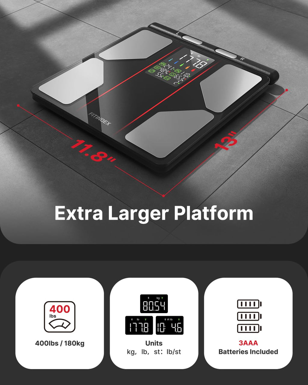 Fitindex Smart Body Composition Scale with BMI, Fat, Muscle Mass, Body Water, 400 lb

